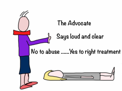 an advocate, arm outstretched, protecting the person