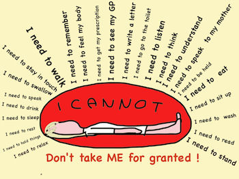 a poster of Linda lying on the ground surrounded by a list of all the things she cannot do