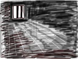 a black and white sketch of a prison cell with bars on the window